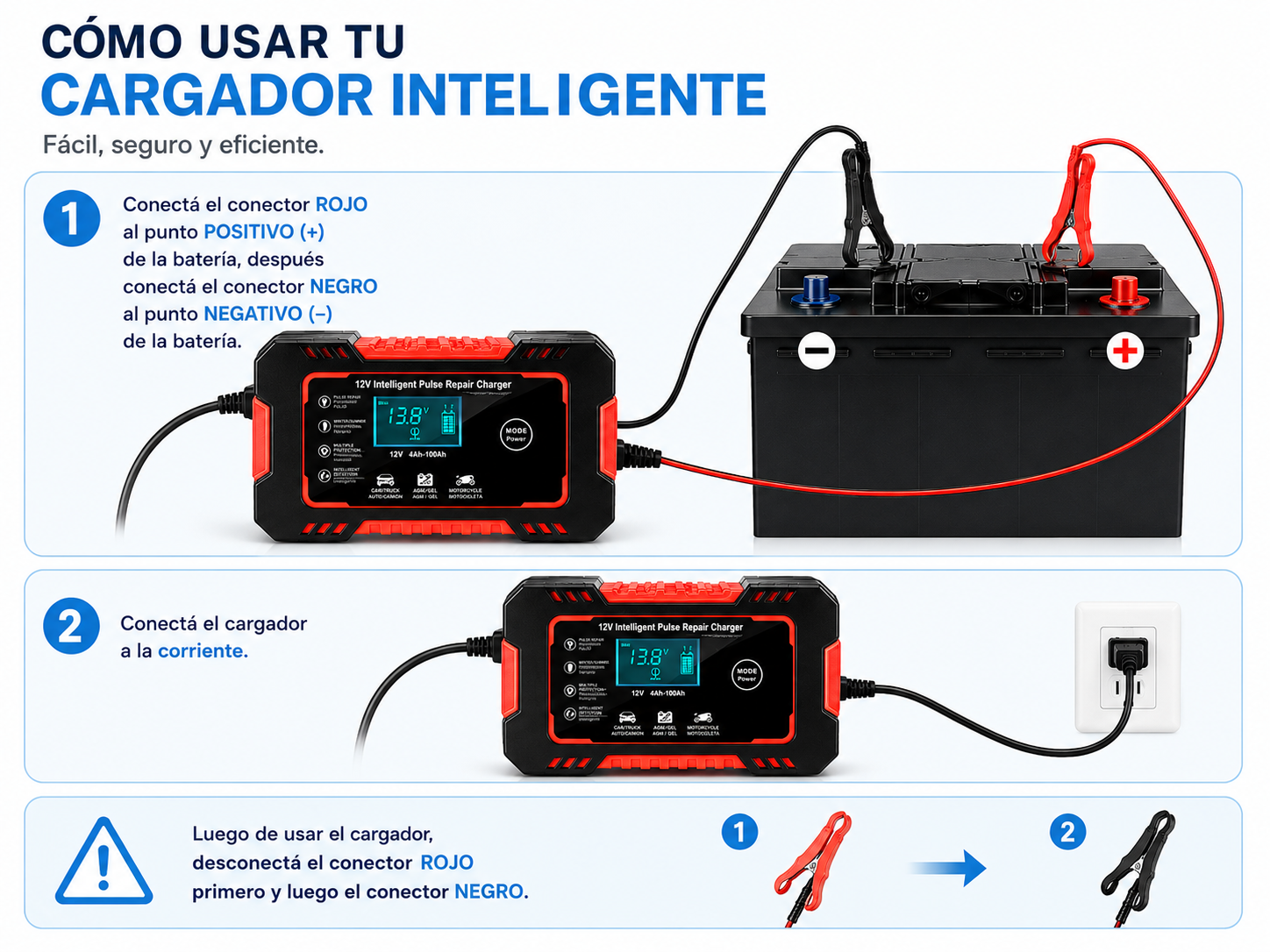 Cargador Inteligente para Baterías 12V de Carro y Moto