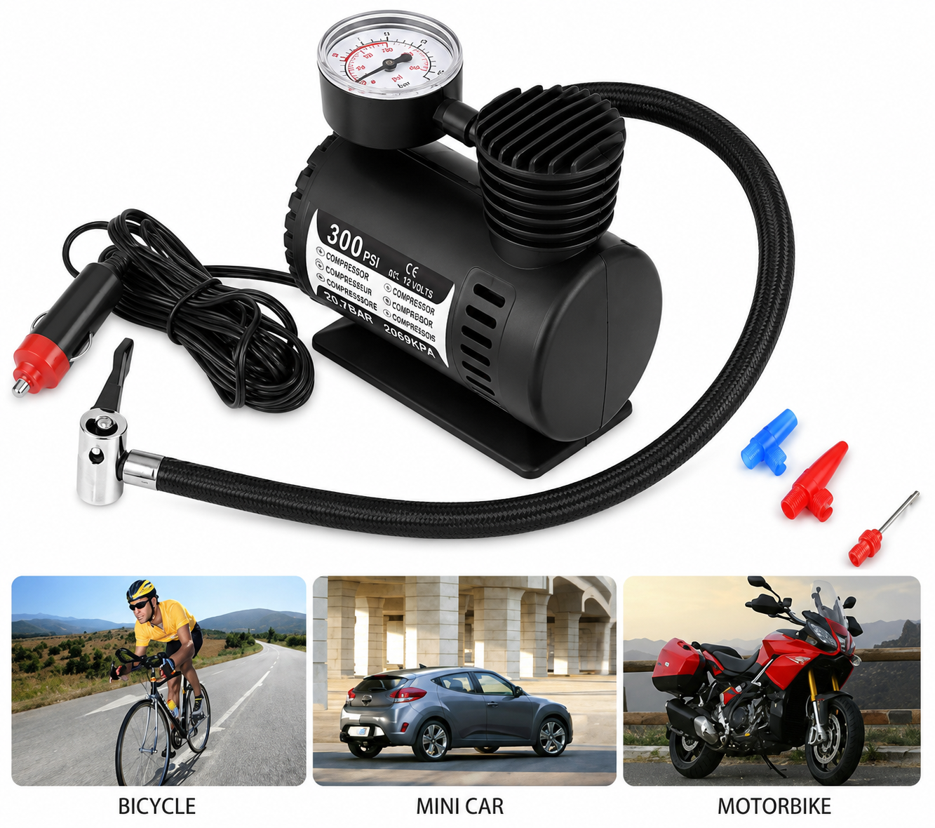 Compresor de Aire Portátil 300 PSI para Carro y Bicicleta