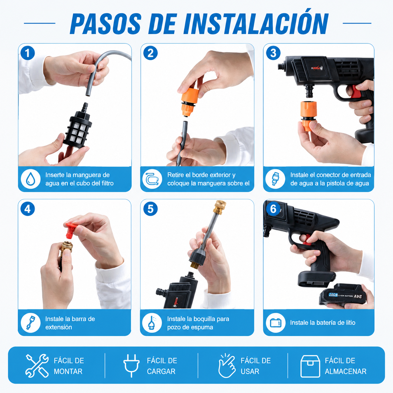 Hidrolavadora Inalámbrica 48V con 6 Boquillas y 2 Baterías