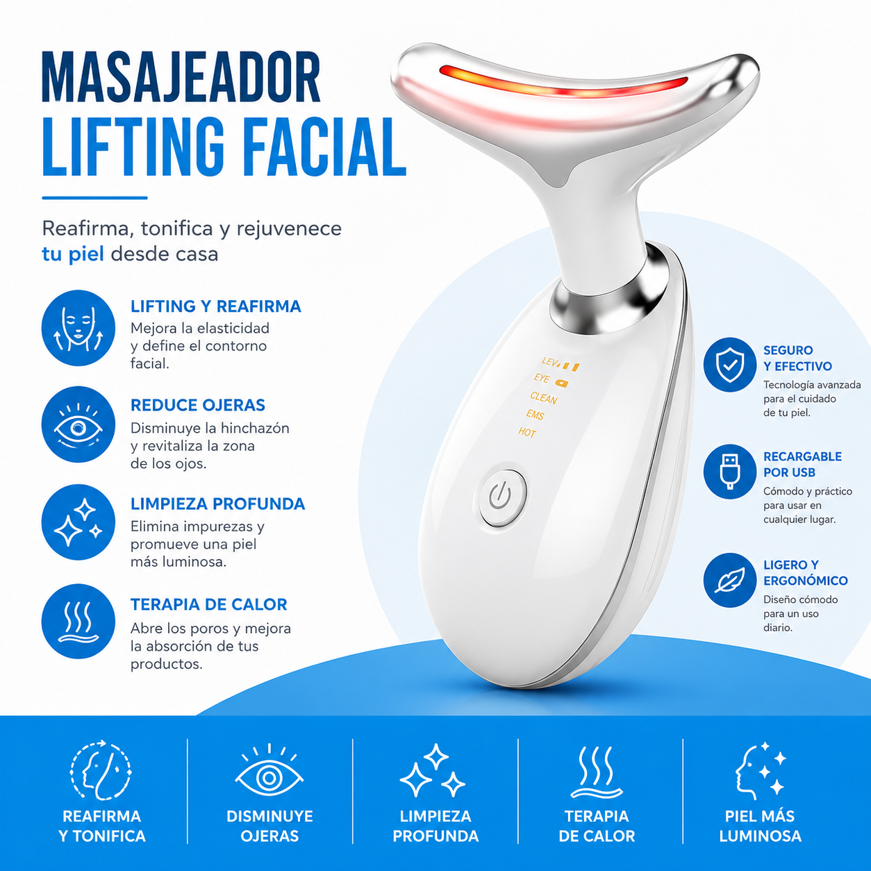 Masajeador Facial Reafirmante con Calor LED