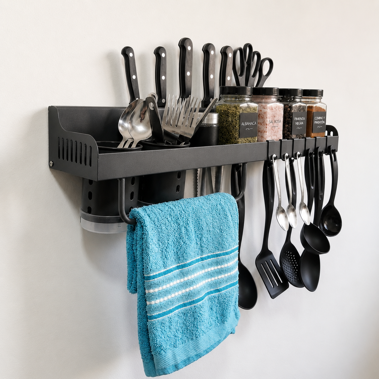 Organizador Multifuncional de Cocina con Ganchos y Soportes